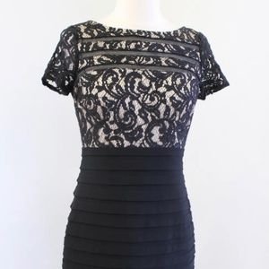 Adrianna Papell Black Nude Lace Layered Short Sleeve Cocktail Party Dress Size 4